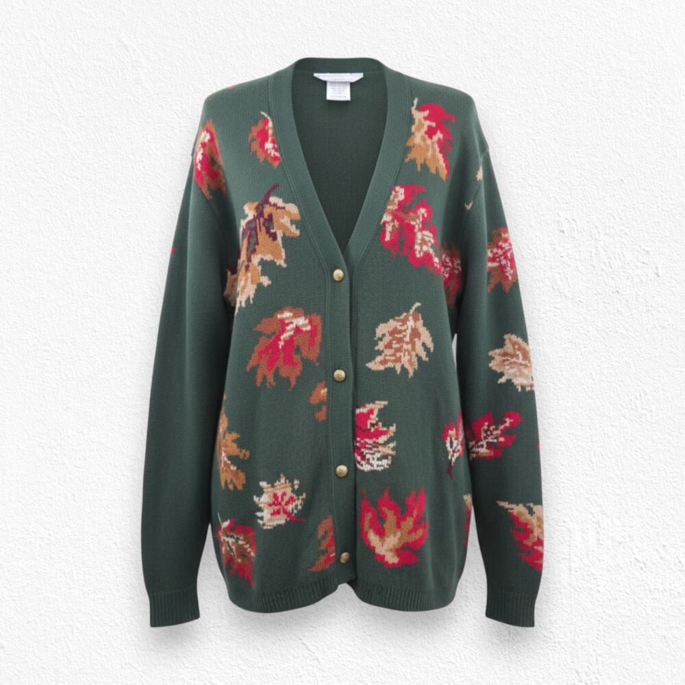 Vintage 90s Green Leaf Print Button Front Cardigan Sweater USA Made Size Medium